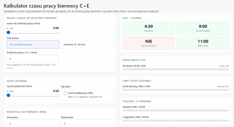 Podgląd kalkulatora czasu pracy kierowcy
