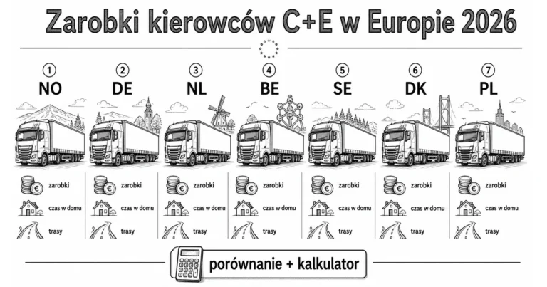 Zarobki kierowców C+E w Europie 2026 – porównanie 7 krajów (kalkulator + mapa)