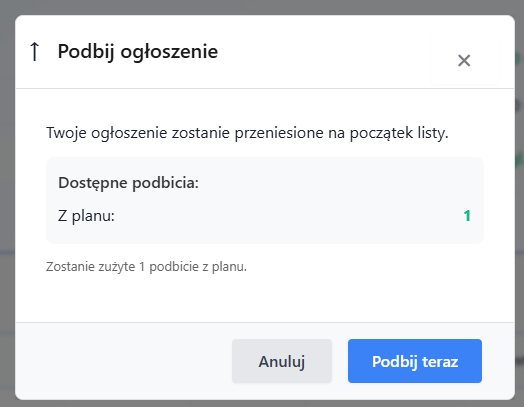 Przycisk Podbij przy aktywnym ogłoszeniu