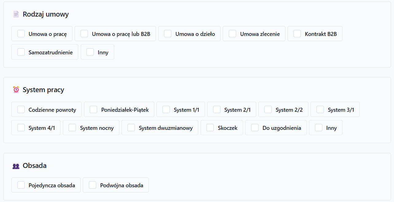 Rodzaj umowy, system pracy, naczepa i obsada