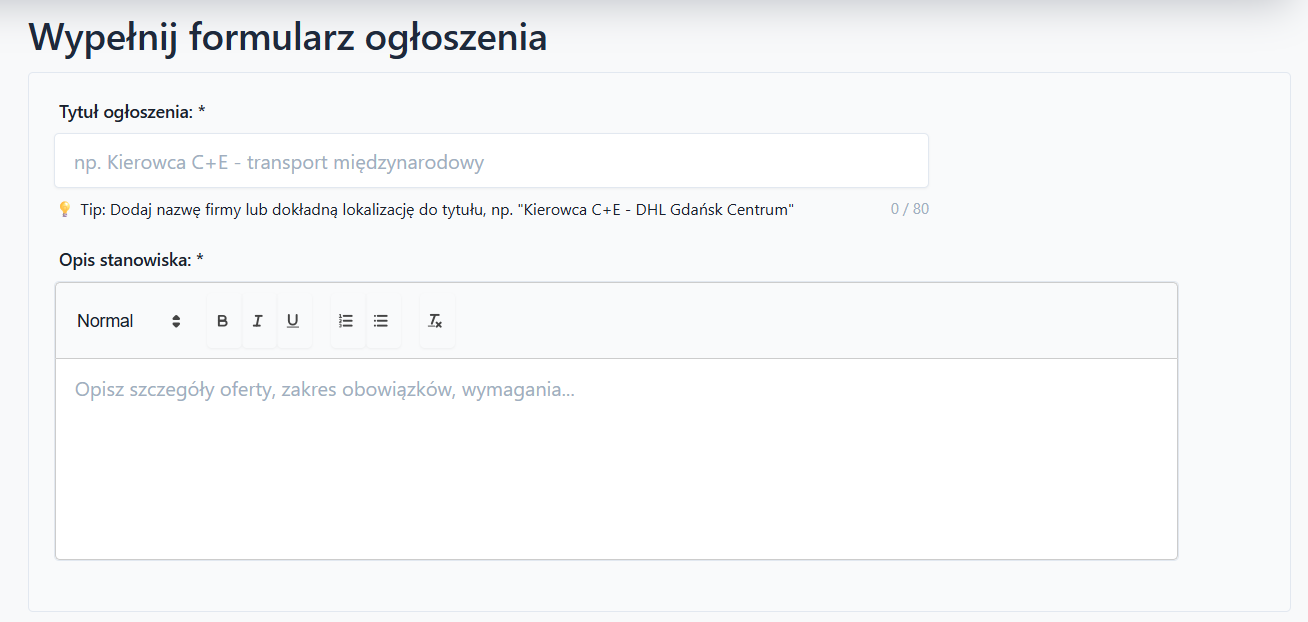 Pola Tytuł ogłoszenia i Opis stanowiska
