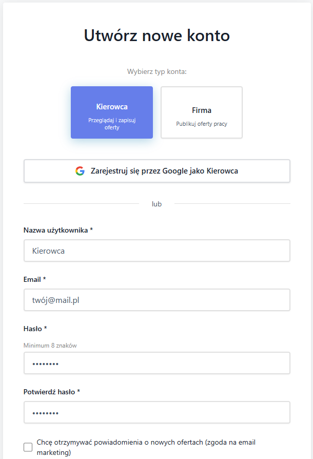 Wypełniony formularz rejestracji kierowcy