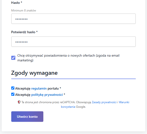 Sekcja zgód i przycisk Utwórz konto